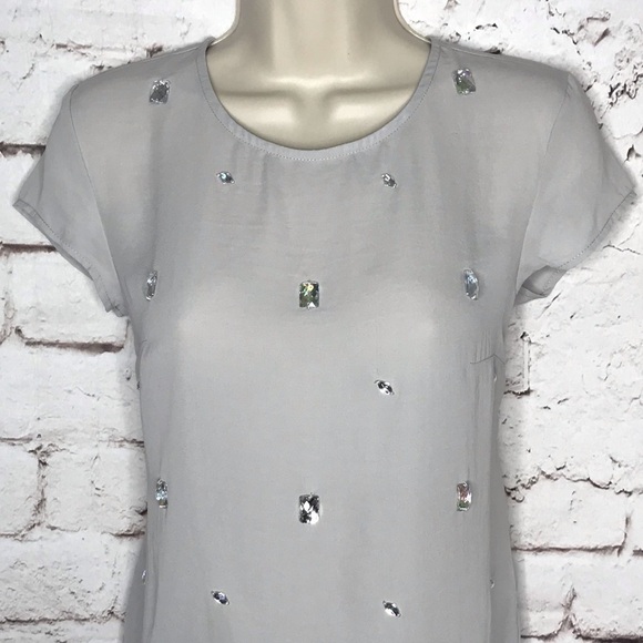 H&M DIVIDED sheer grey top with clear crystal embellishments short sleeve Size 2 - Picture 10 of 15